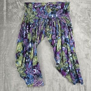 Womens Pull On Cotton Harem Pants Oversized Medium Paisley Bohemian Boho Blue